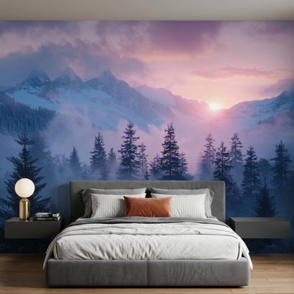 A bedroom wall featuring a purple sunset mountain landscape mural behind a grey upholstered bed with nightstands and lamps.