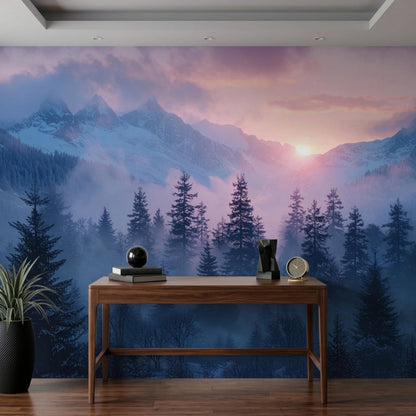 A wooden desk with a lamp, clock, and books stands in front of a purple sunset mountain forest wall mural.
