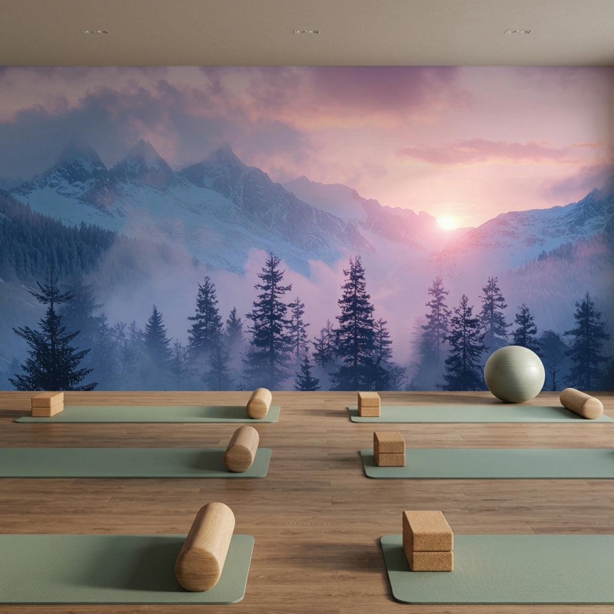 Yoga mats and wooden blocks are arranged on a wooden floor in front of a purple mountain landscape wall mural.