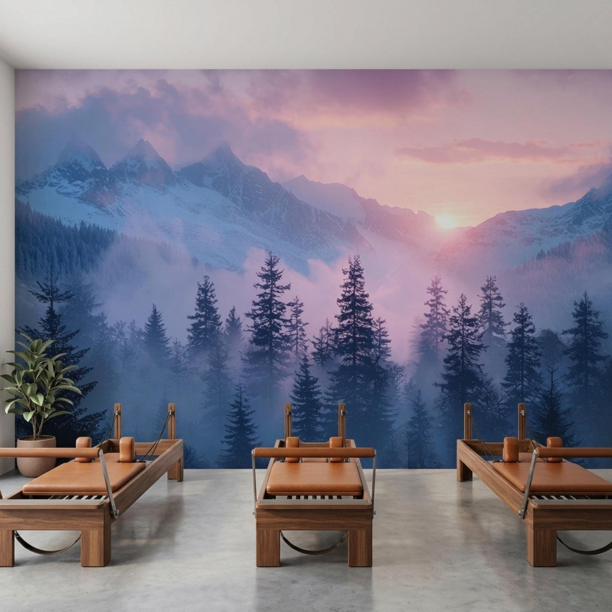 Three Pilates reformer machines sit on a concrete floor facing a wall mural of a purple sunset over snowy mountain peaks.