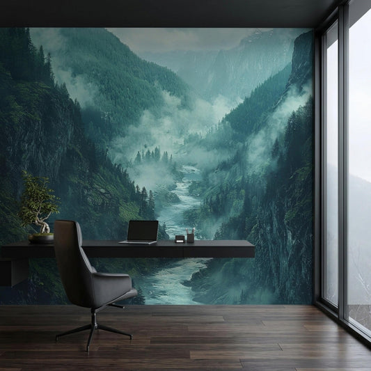 A modern desk with a laptop and a small bonsai tree is placed in front of a misty mountain river valley mural.
