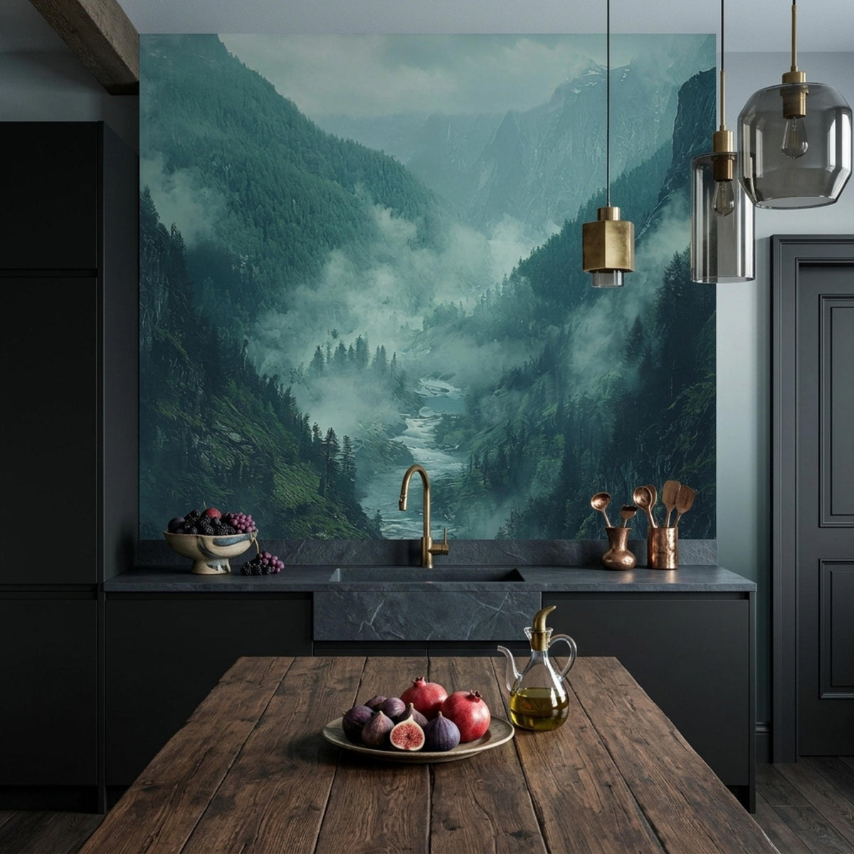 A rustic wooden dining table with bowls of fruit stands in a dark kitchen featuring a misty mountain river valley backsplash mural.