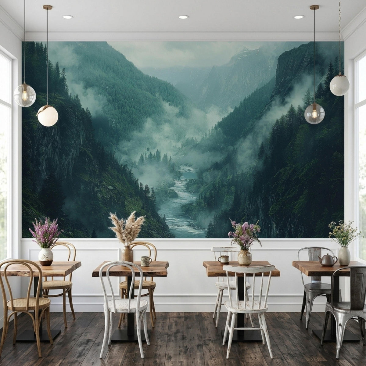 Four small wooden dining tables with chairs line a white wall featuring a large misty mountain river valley mural.