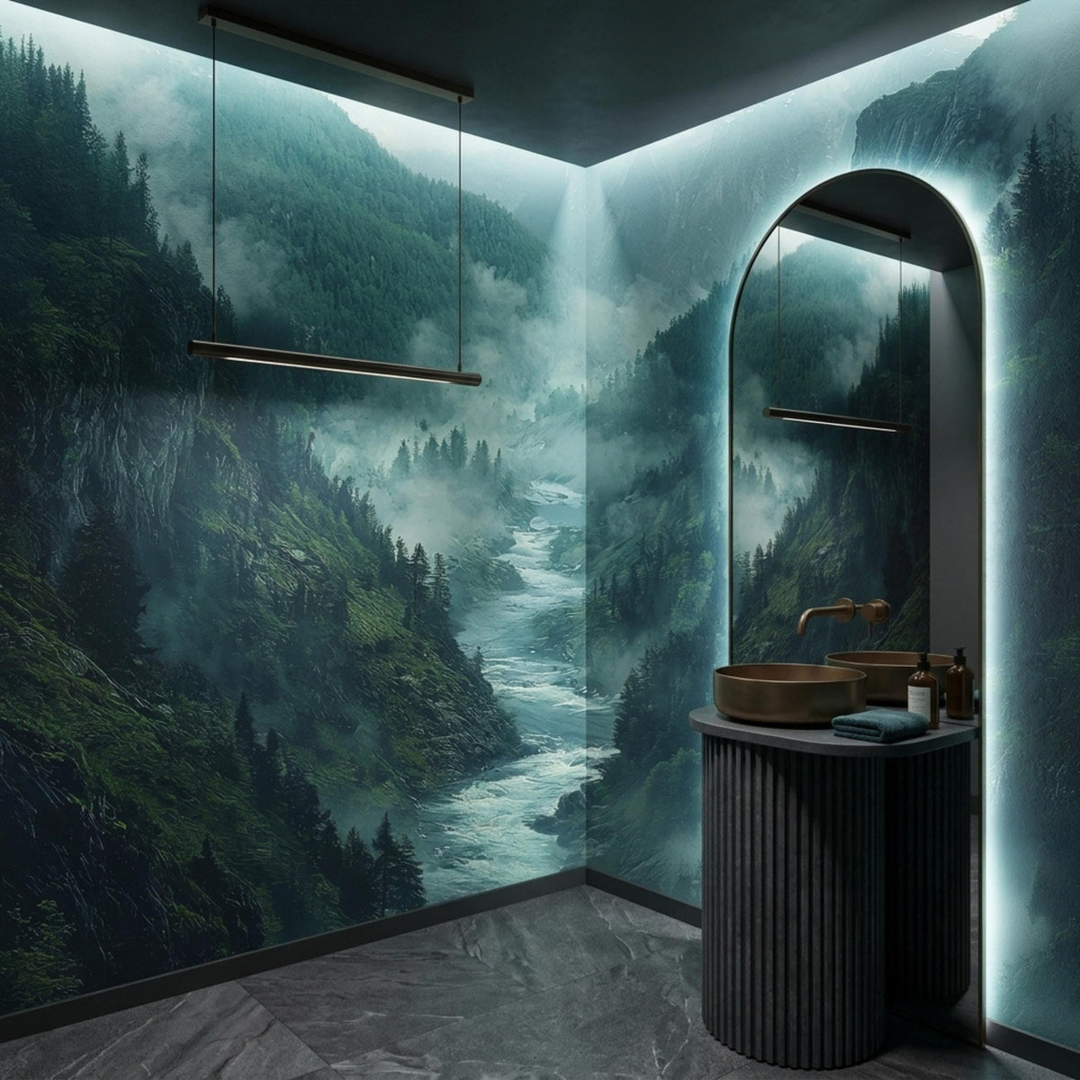 A modern dark bathroom features a round basin on a fluted vanity and an arched mirror reflecting a misty mountain river valley mural.
