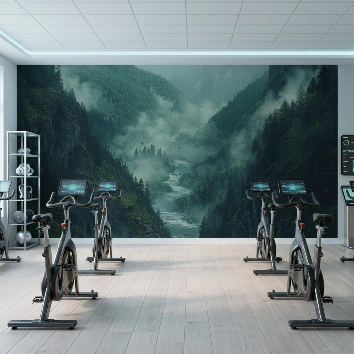 Several stationary exercise bikes face a large wall mural depicting a misty mountain river valley in a bright gym.