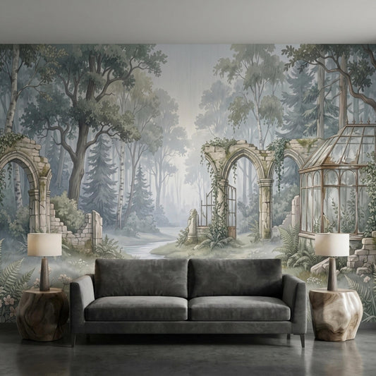 A sage green and grey botanical wallpaper mural of an enchanted forest with stone ruins is displayed behind a dark grey velvet sofa.