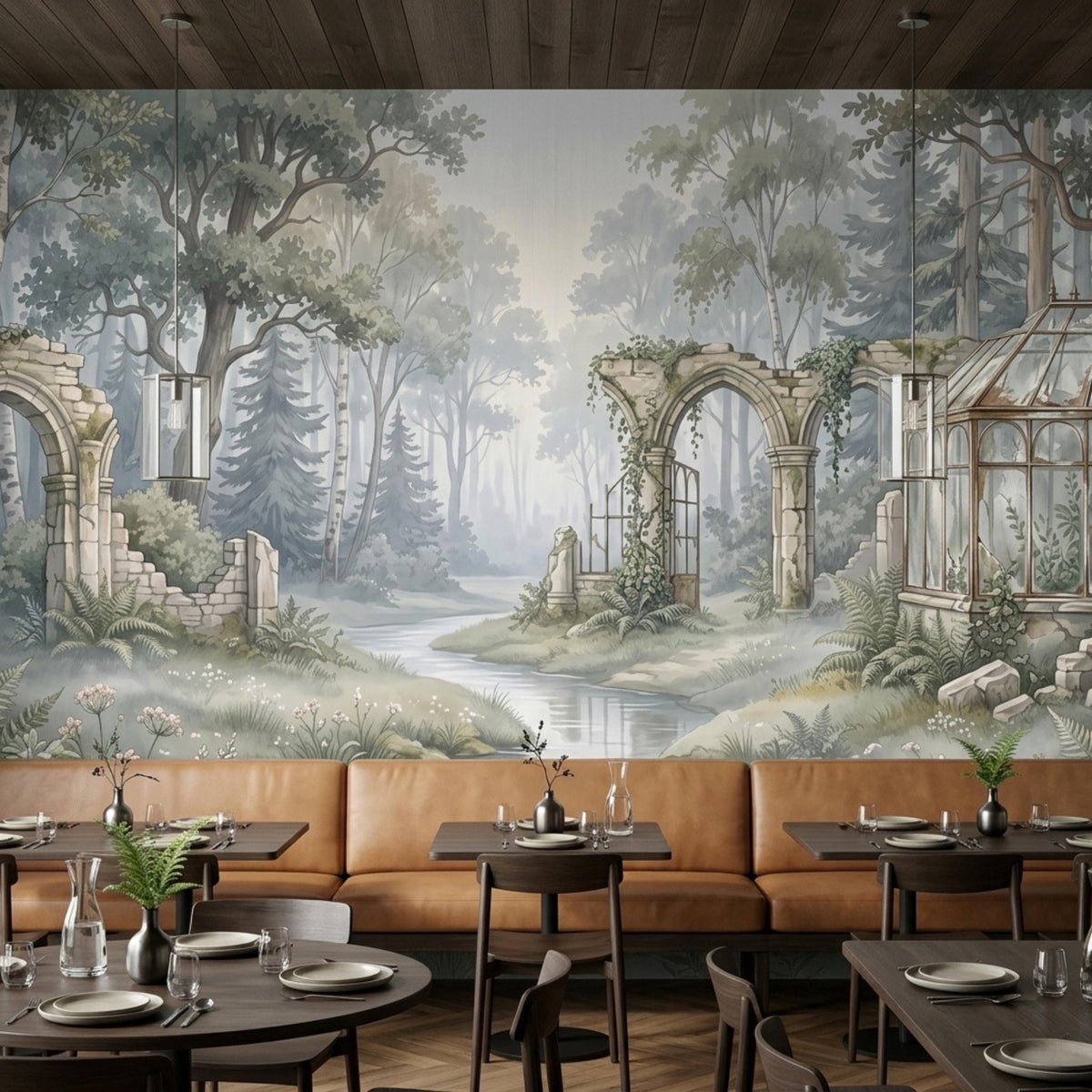 Several dining tables and a tan leather booth are arranged in front of the woodland ruins wall mural.