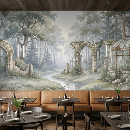 Several dining tables and a tan leather booth are arranged in front of the woodland ruins wall mural.