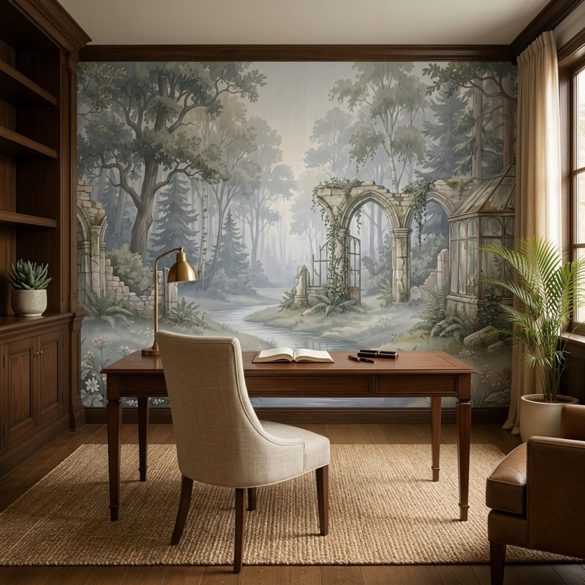 A wooden desk with a gold lamp and open book sits centered in front of the large nature wall mural.