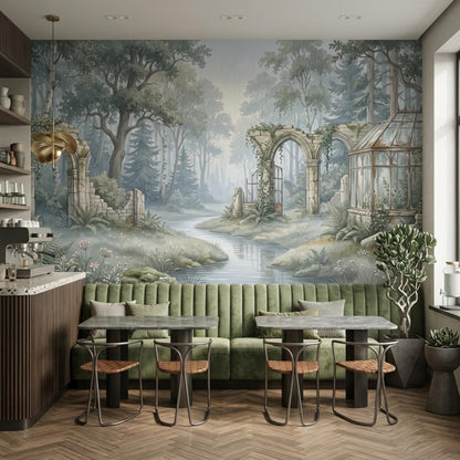 A green tufted bench and two small dining tables are set against the botanical forest ruins wallpaper.