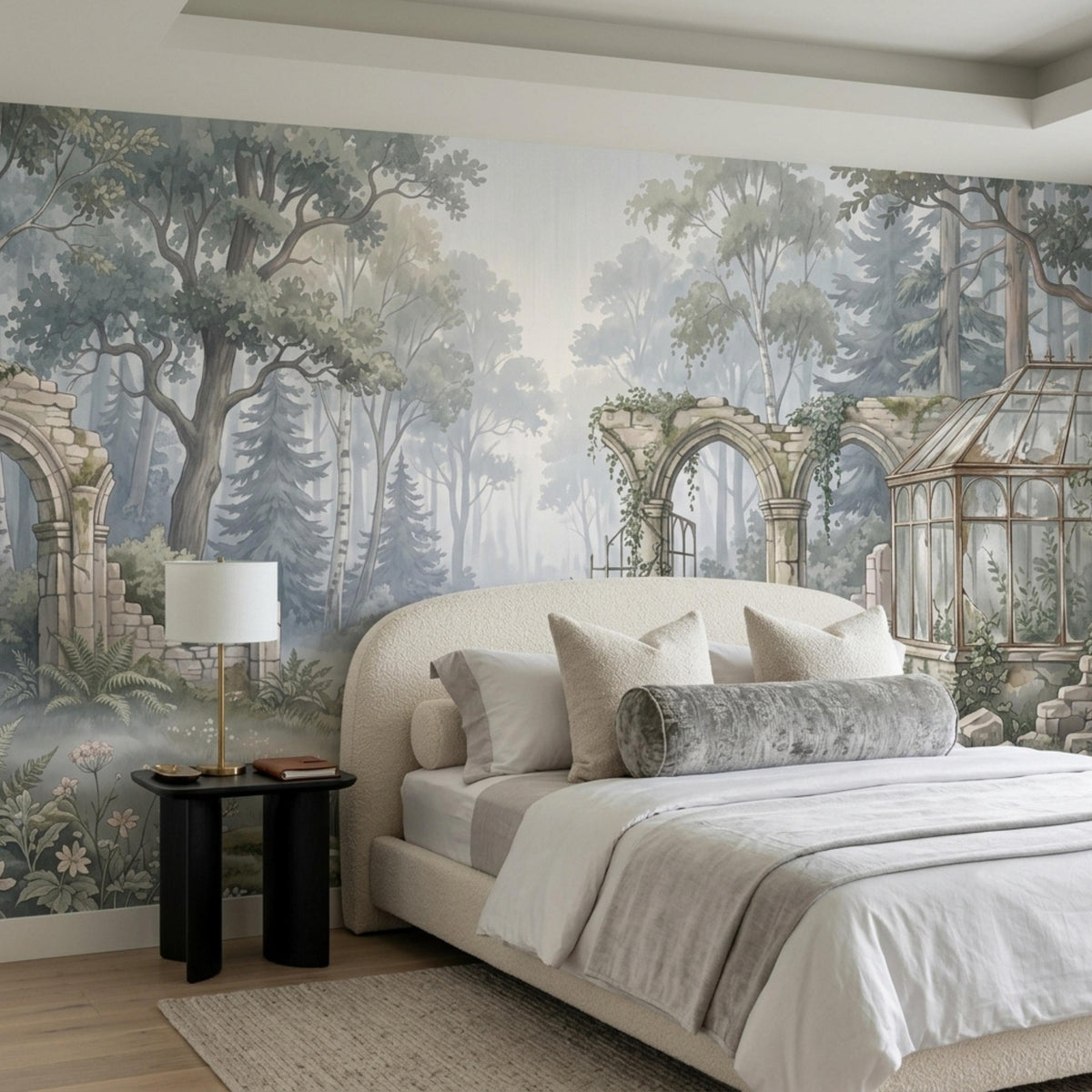 A bed with white linens and grey decorative pillows is positioned against the misty woodland wall mural.