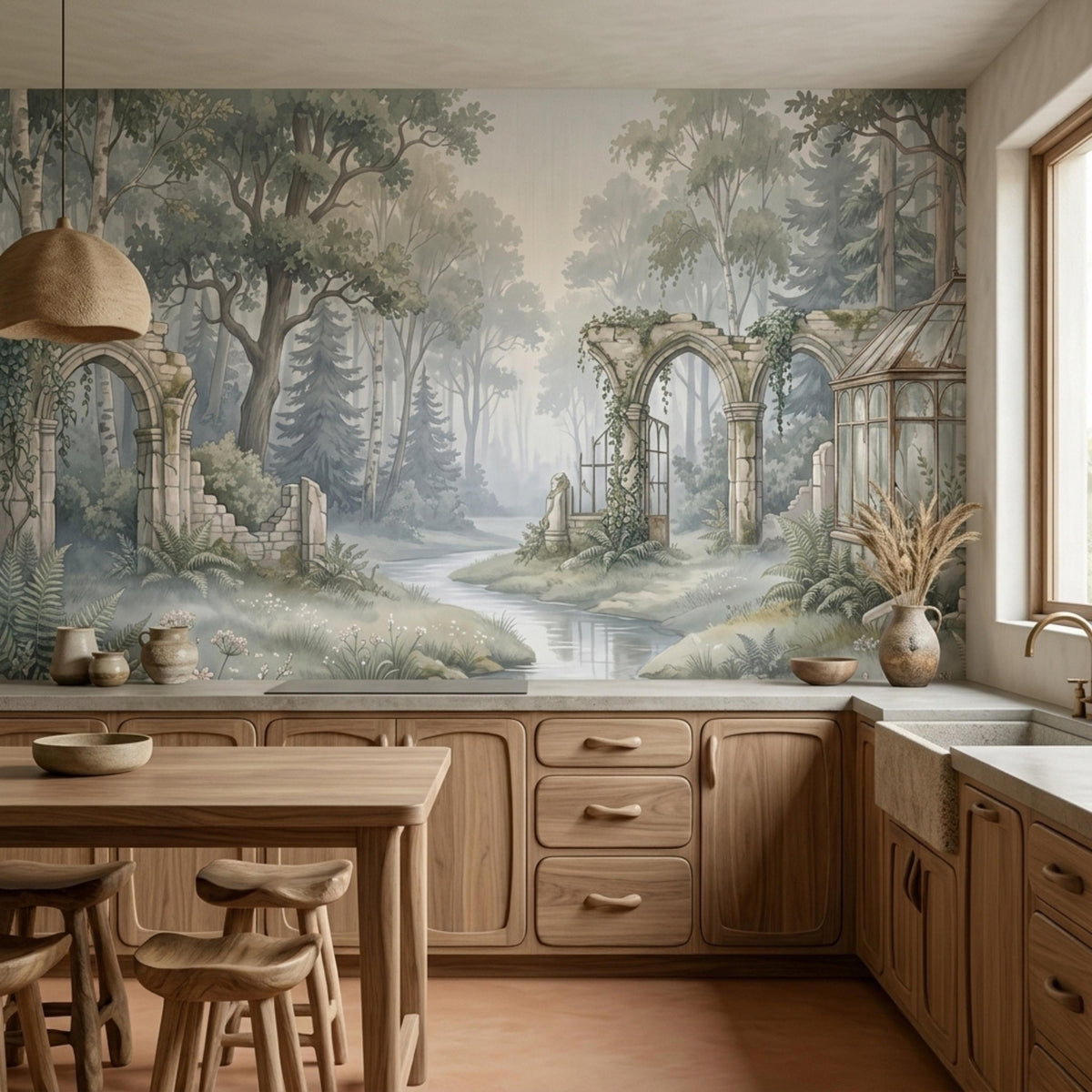 A rustic kitchen counter and wooden dining table are set against the sage green enchanted forest wall mural.