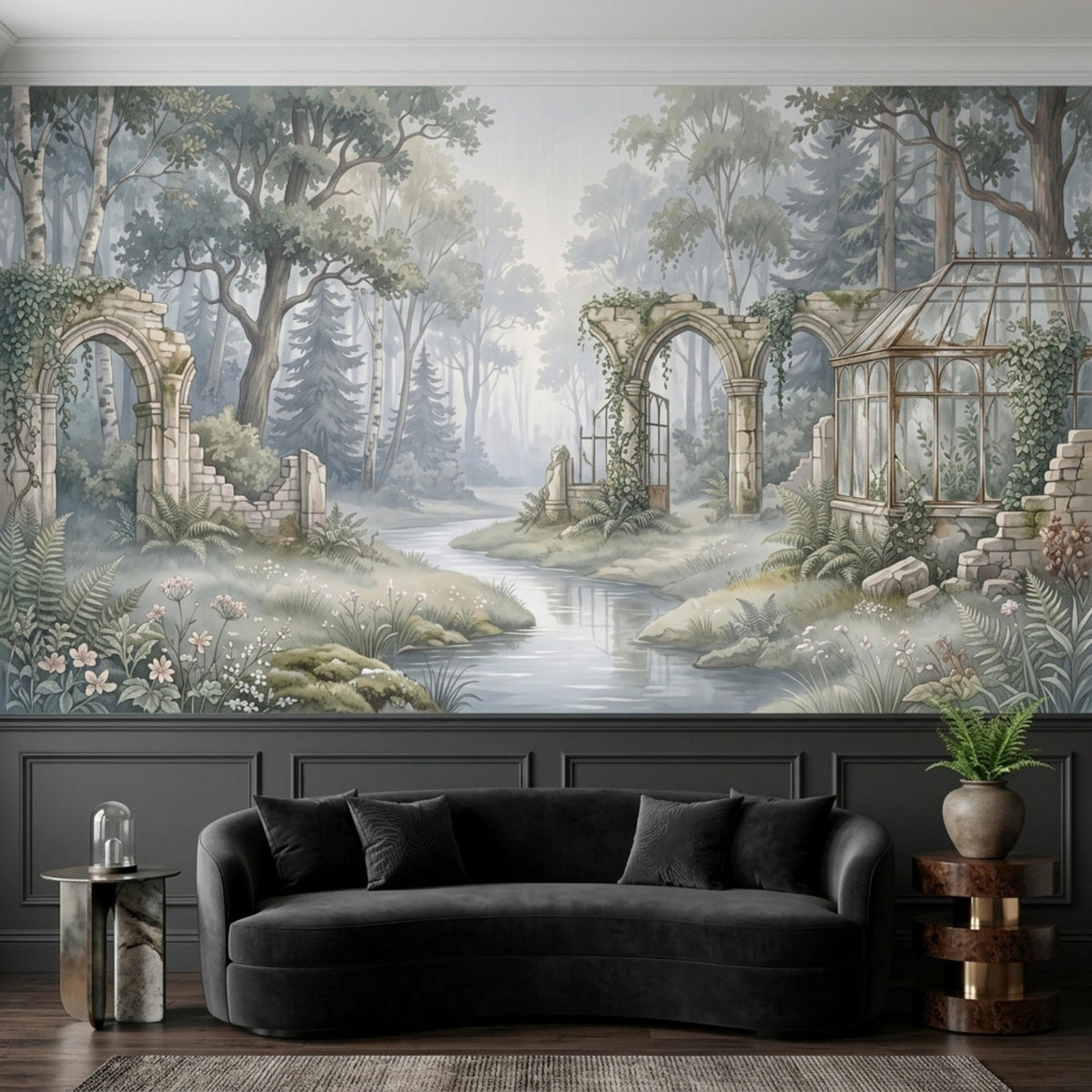 A dark grey curved sofa is centered in front of the expansive forest and stone ruins wall mural.