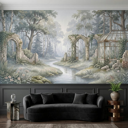 A dark grey curved sofa is centered in front of the expansive forest and stone ruins wall mural.