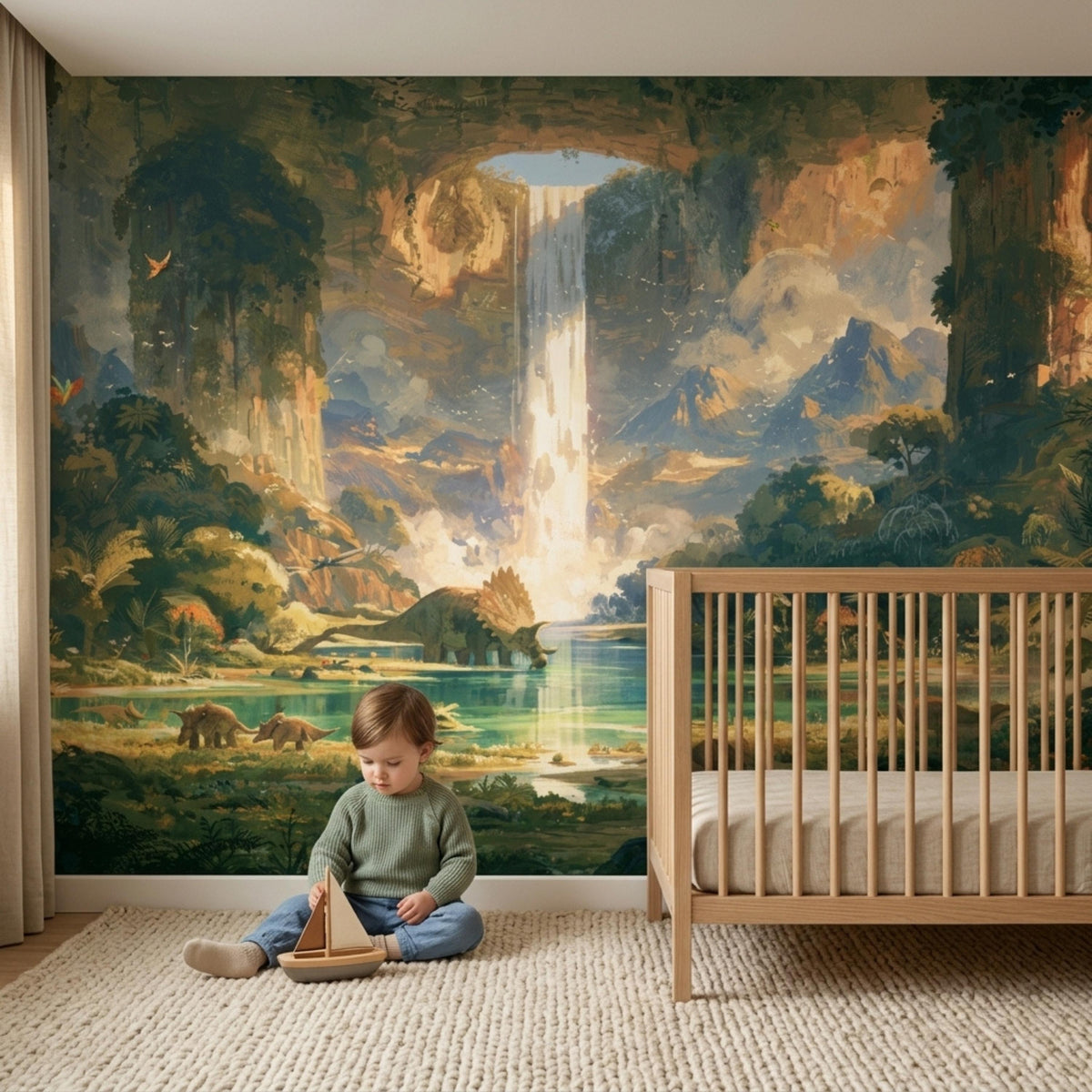 A young child sits on a textured rug holding a toy sailboat in front of a wall mural featuring a prehistoric dinosaur landscape with a large waterfall.