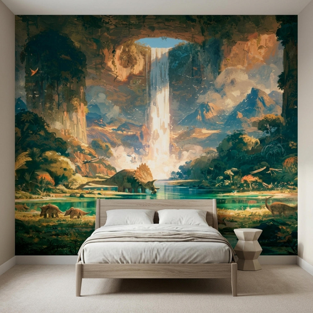 A wooden bed with white bedding is centered against a wall mural of a prehistoric landscape with a tall waterfall and dinosaurs.