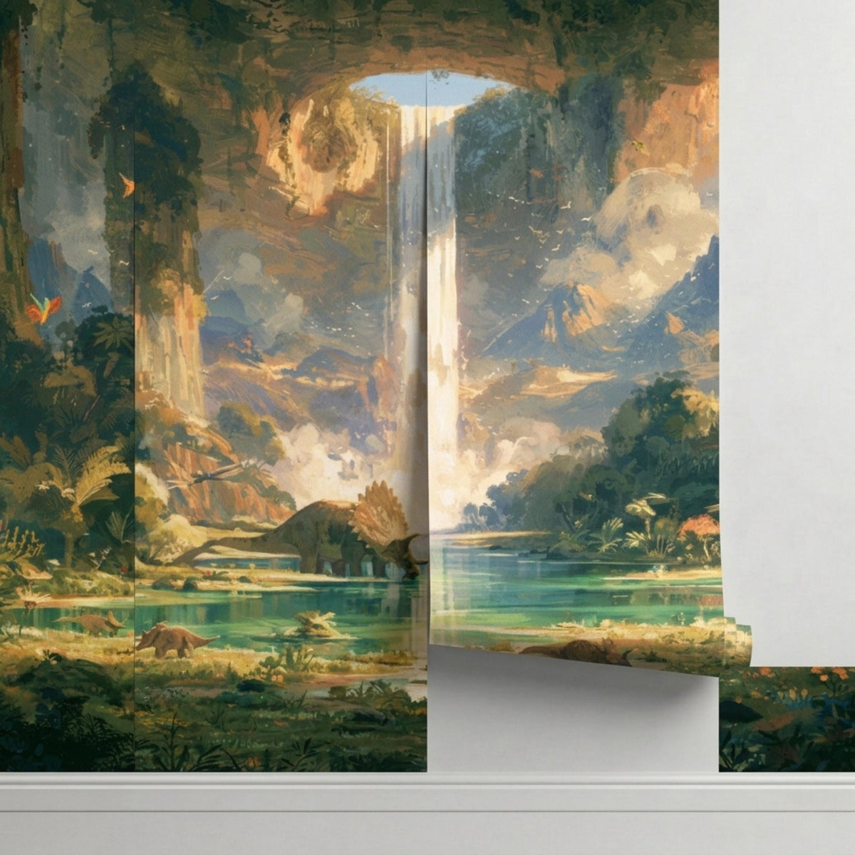 A partial peel-and-stick wall mural sample rolls down to reveal a prehistoric jungle scene with a waterfall and dinosaurs.