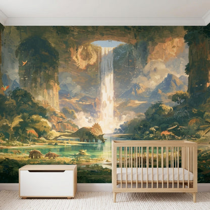 A wooden baby crib and a white toy box sit on a textured rug in front of a large dinosaur jungle and waterfall wall mural.