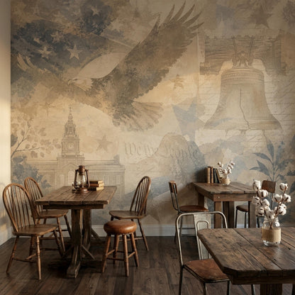 Rustic wooden dining tables and chairs sit in front of a patriotic wall mural with an eagle and Liberty Bell.