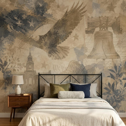 A bed with a dark metal frame and neutral bedding is set against a distressed patriotic wall mural.