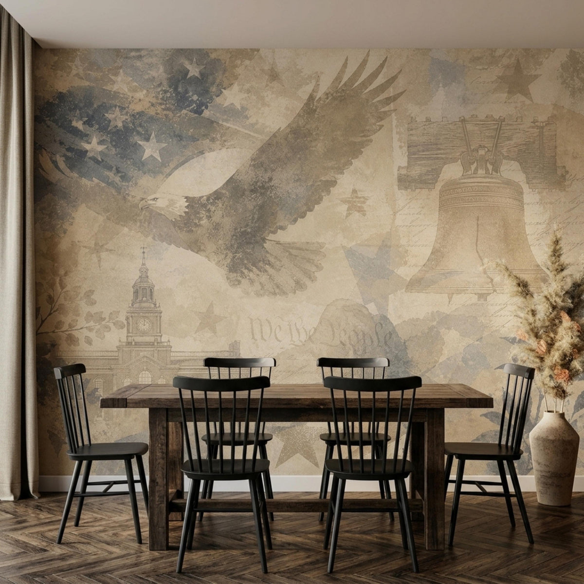 A dark wooden dining table and black chairs sit on a wood floor next to curtains and a large vintage patriotic mural.