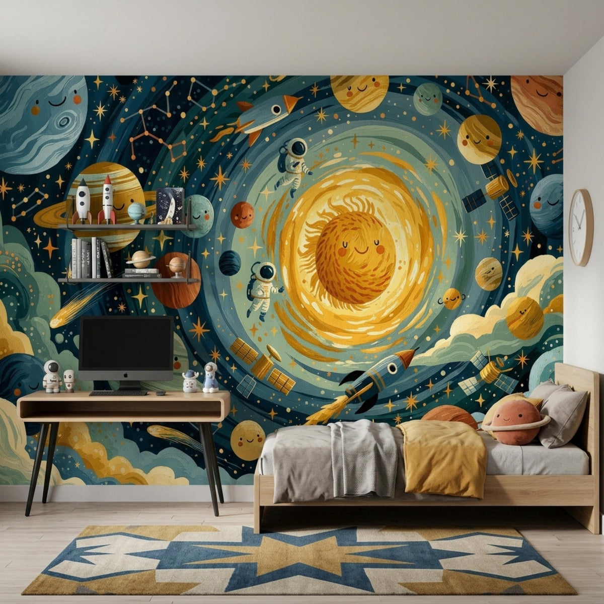 A child bedroom featuring a vibrant solar system wallpaper mural, wooden bed with a grey duvet, desk setup, and shelves decorated with space-themed items.