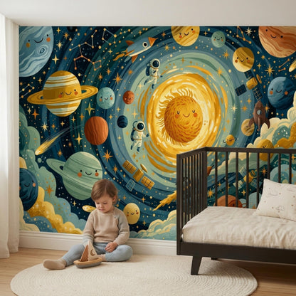 A toddler sitting on a round rug playing with a wooden boat toy next to a crib, set against a whimsical hand-drawn solar system wall mural.