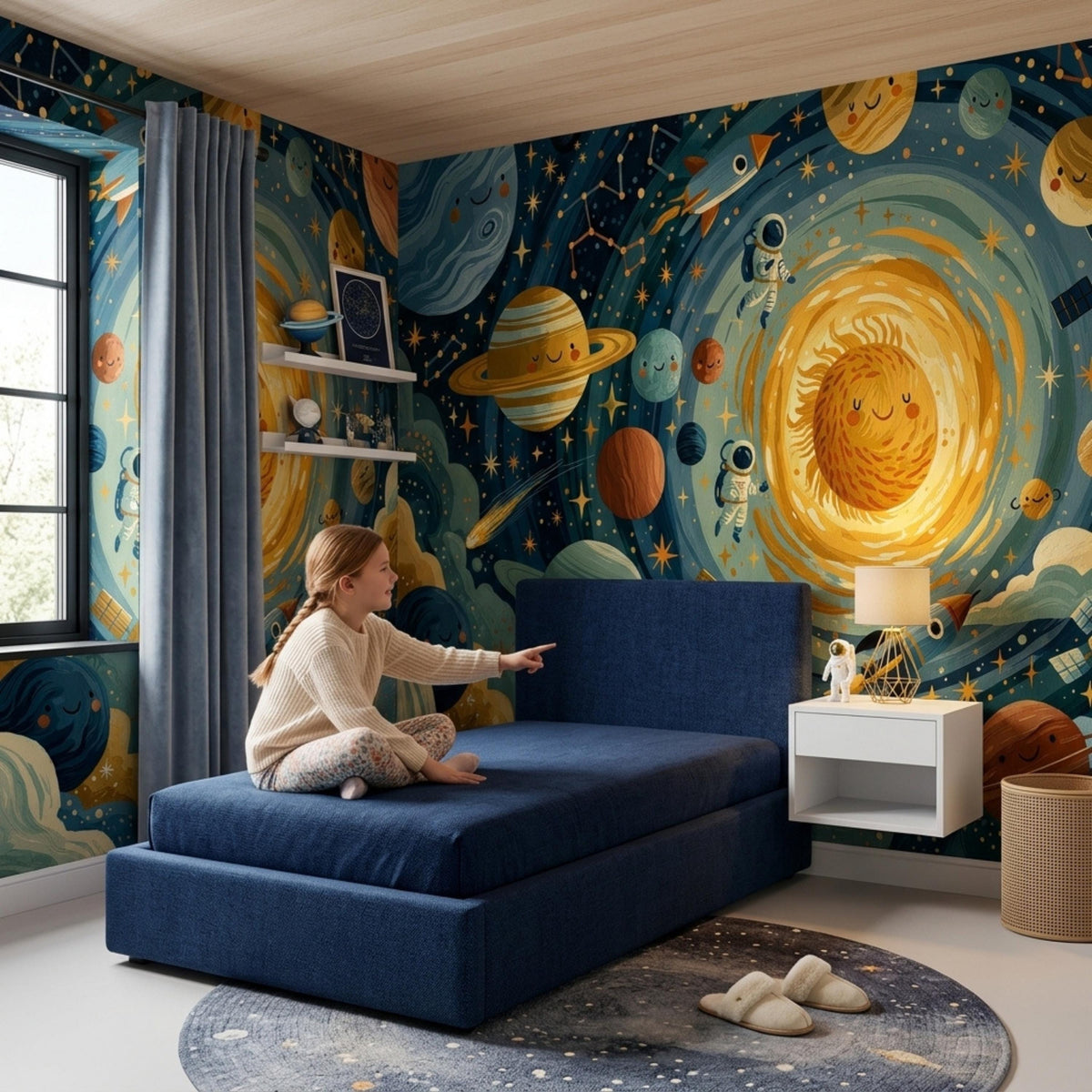A child room with a dark blue bed, white nightstand with lamp, and grey fuzzy slippers on a starry rug, all set against a whimsical solar system mural.