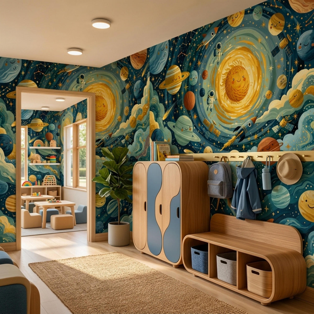 A hallway view into a children room with a whimsical solar system wallpaper mural, a wooden storage unit, a hanging jacket, and a jute runner rug.