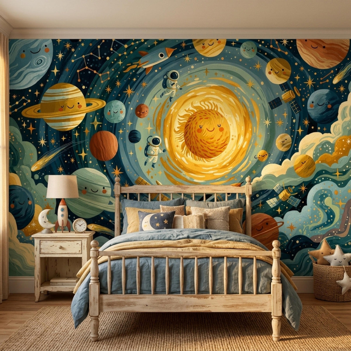A wooden bed with blue and yellow bedding centered in front of a large whimsical solar system wall mural, flanked by a nightstand with a lamp and decor.