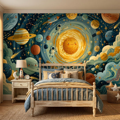 A wooden bed with blue and yellow bedding centered in front of a large whimsical solar system wall mural, flanked by a nightstand with a lamp and decor.