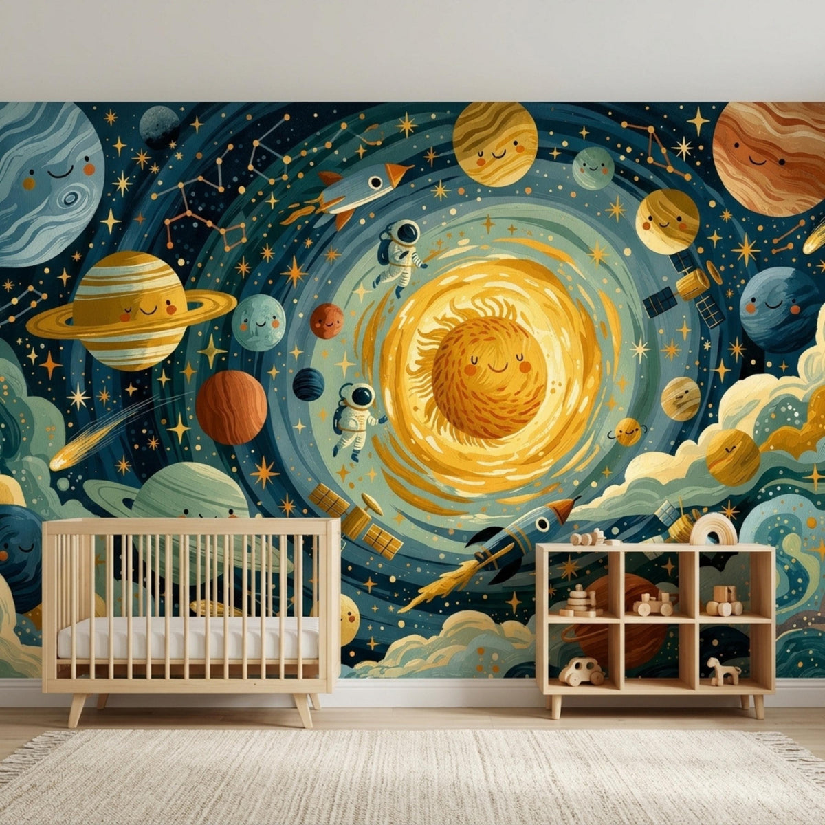A nursery wall features a whimsical solar system mural with smiling planets, astronauts, and rockets, with a crib and shelving unit below.