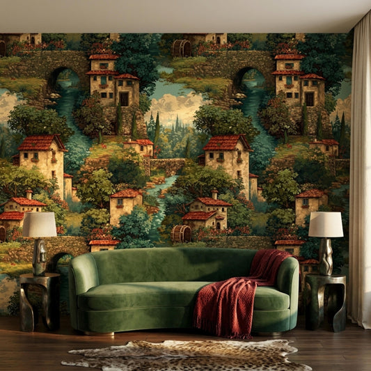 A green velvet sofa with a red throw blanket is centered against a wall covered in vintage Italian village tapestry wallpaper.