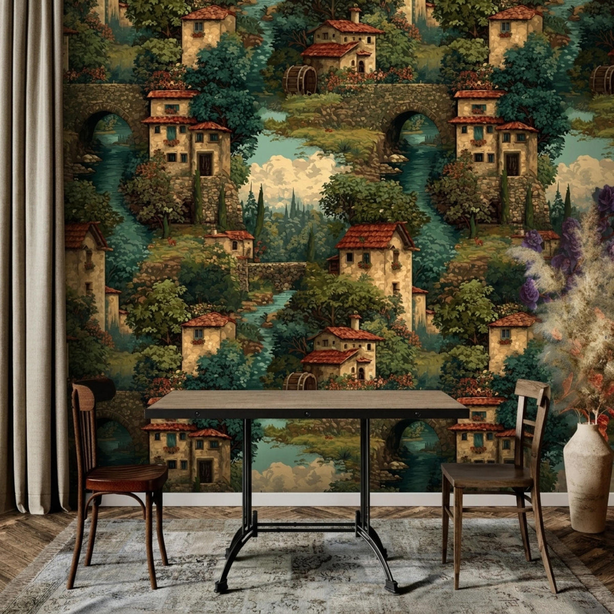 A wooden dining table and chairs are positioned in front of an Italian village tapestry wallpaper and a curtained window.