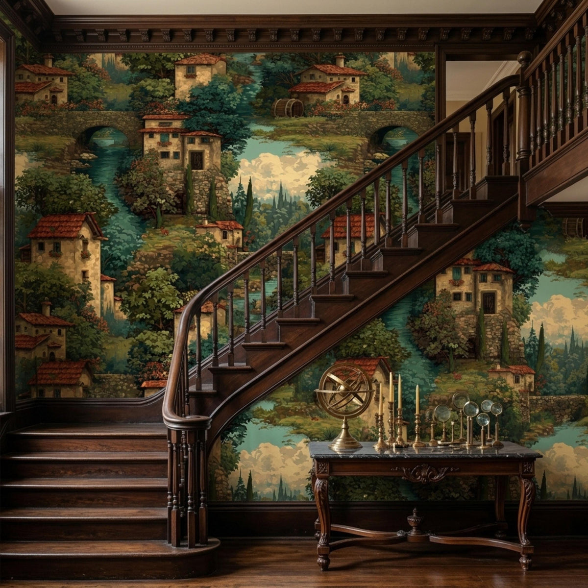 A dark wooden staircase ascends along a wall featuring an Italian village tapestry wallpaper and a small console table with candlesticks.