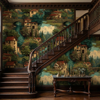 A dark wooden staircase ascends along a wall featuring an Italian village tapestry wallpaper and a small console table with candlesticks.