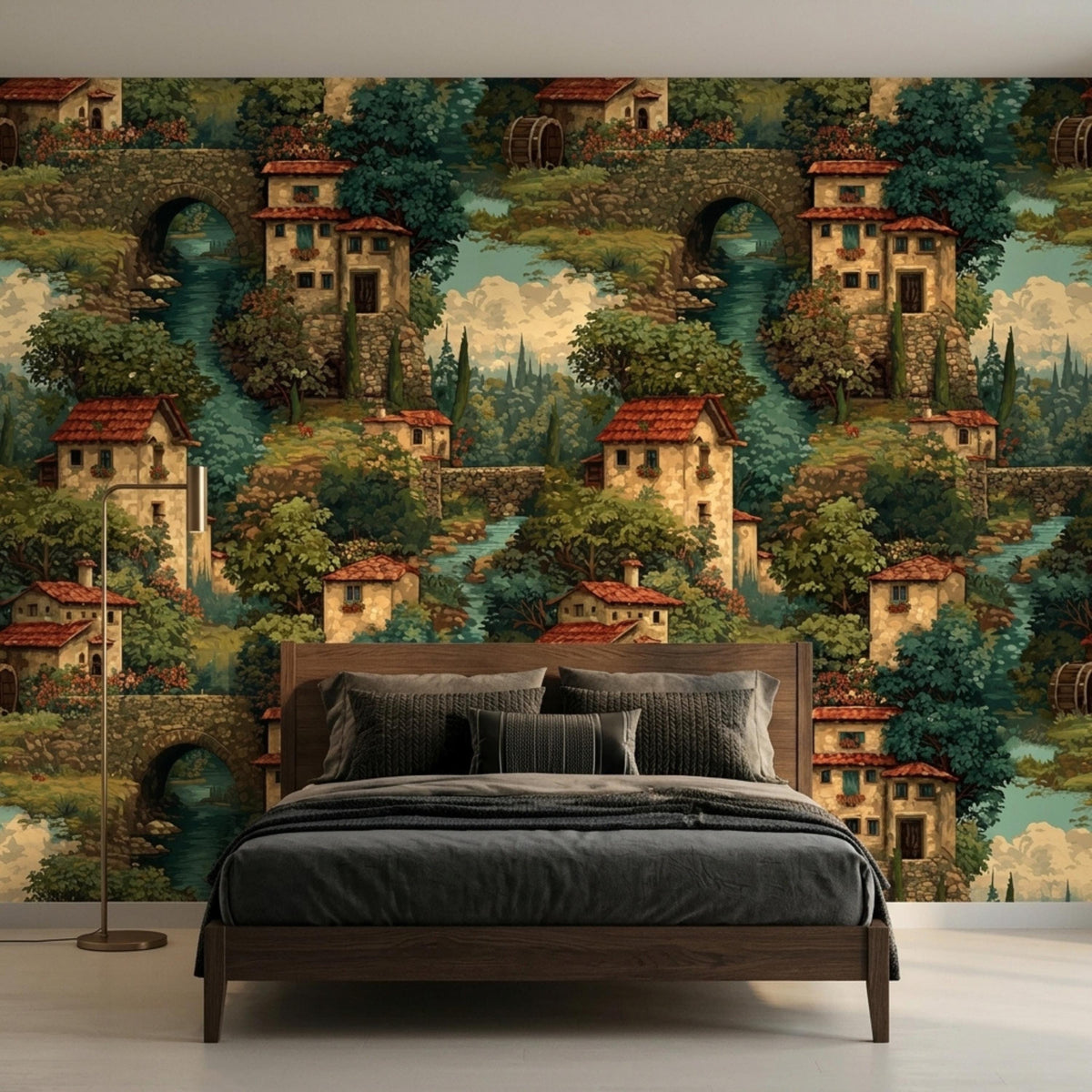 A wooden bed with dark gray bedding faces a full wall mural depicting a classic Italian village landscape.