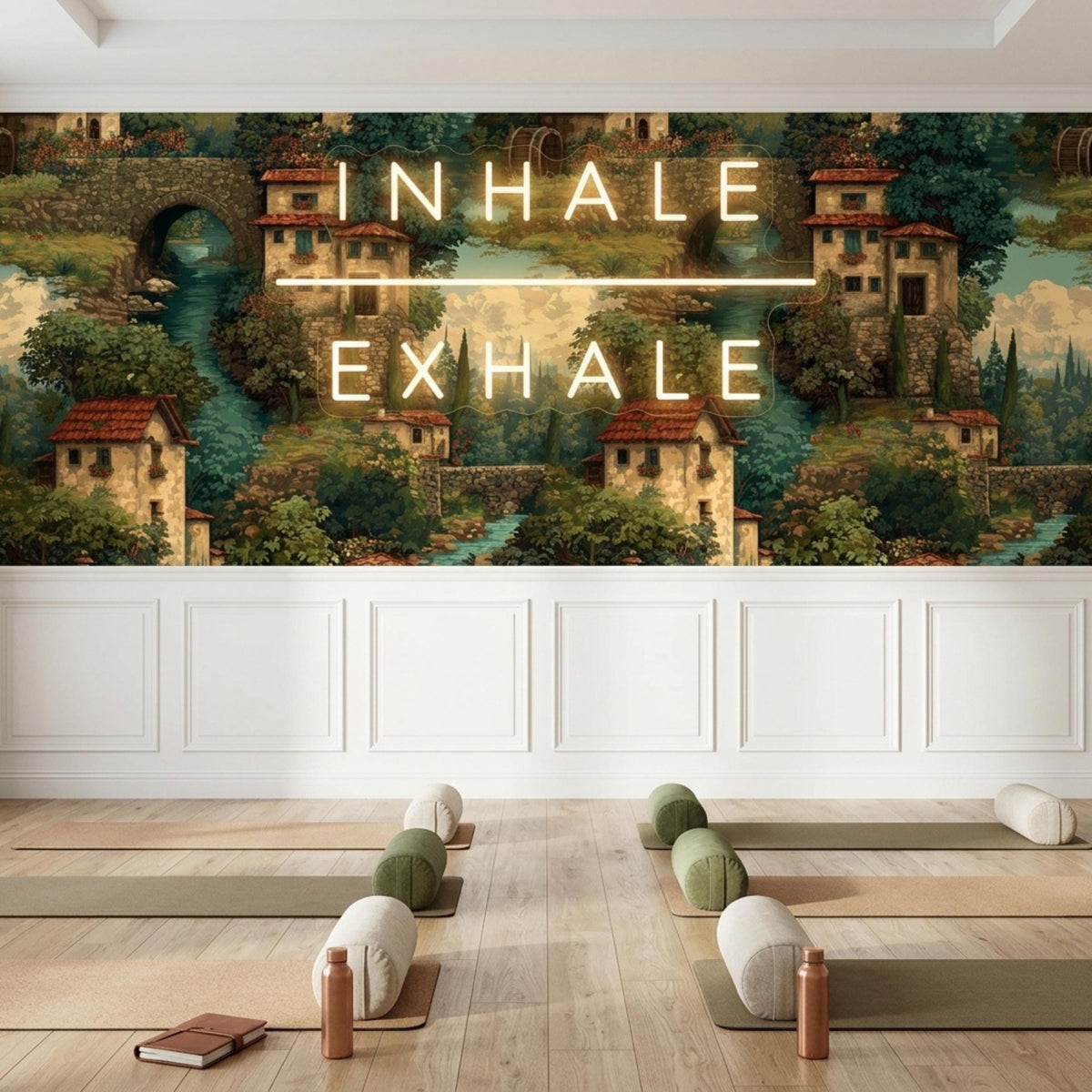 A yoga studio floor with rolled mats and bolster pillows is set against an Italian village wallpaper wall with glowing neon text.