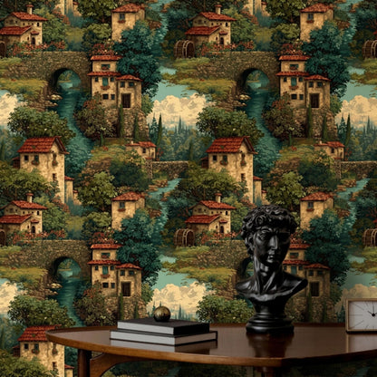 A close-up view of the vintage Italian village wallpaper pattern showing rustic stone buildings, arches, and trees, with a dark wooden desk holding a black bust sculpture, books, and a clock in the foreground.