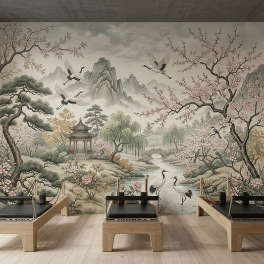 A gym with wooden Pilates reformers set against a wall mural of a vintage Japanese landscape with mountains, cranes, and cherry blossoms.