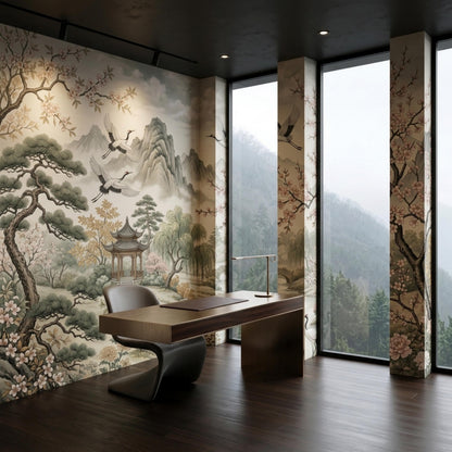 A modern office space featuring a dark wood desk and chair positioned by large windows next to a wall covered in a Japanese landscape mural.