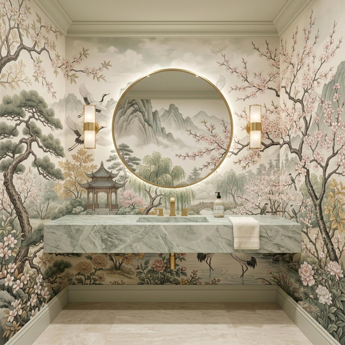 A bathroom vanity with a green marble countertop and a round backlit mirror, mounted on a wall featuring a Chinoiserie nature mural.