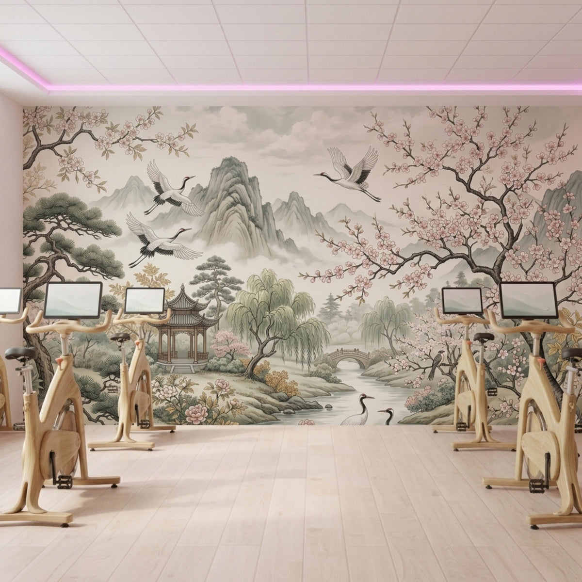 An exercise studio lined with wooden stationary bikes facing a panoramic wall mural depicting a serene Asian landscape with cranes and mountains.