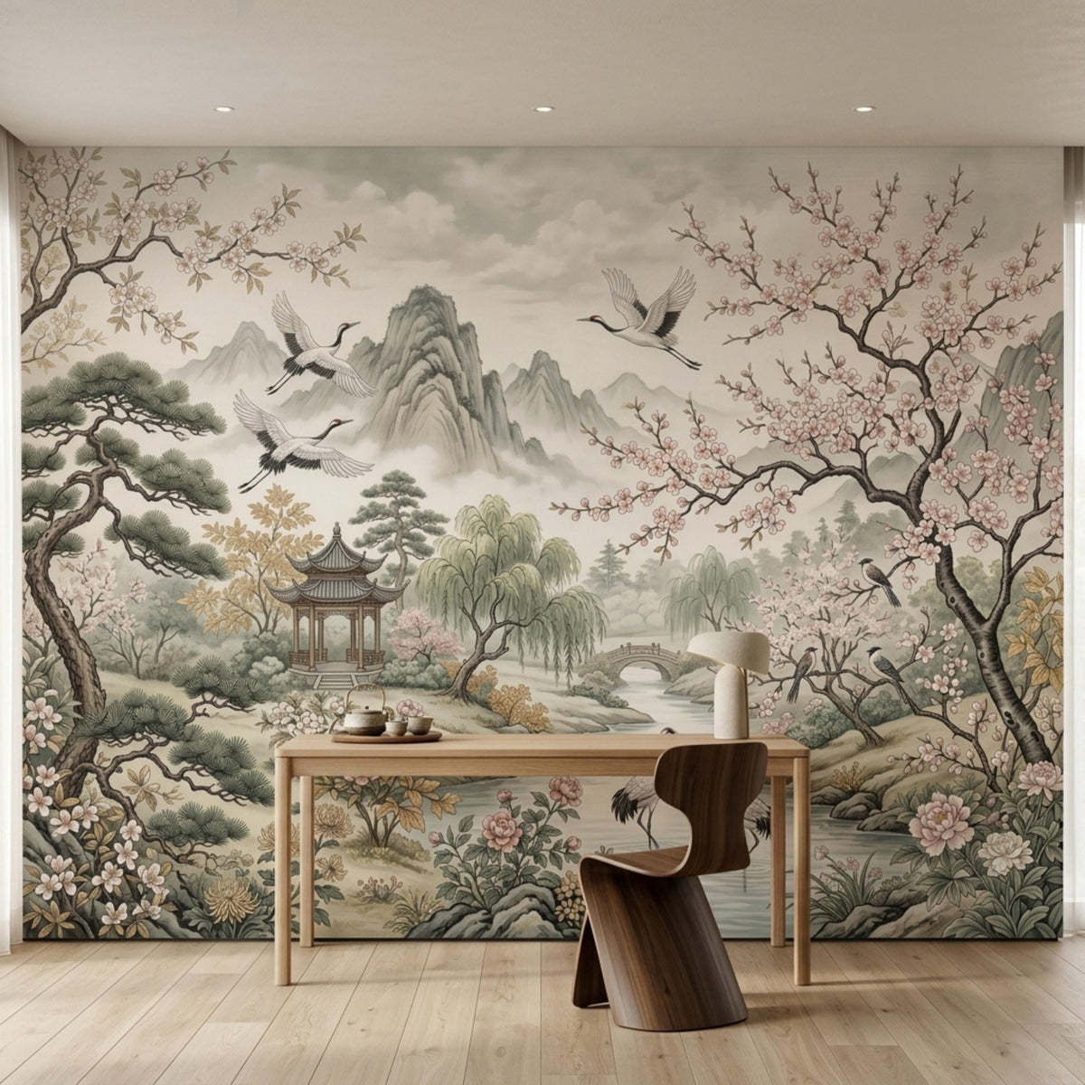 A minimalist wooden desk with a tea set and a lamp, placed against a detailed Japanese wallpaper mural showing cranes, mountains, and a pagoda.
