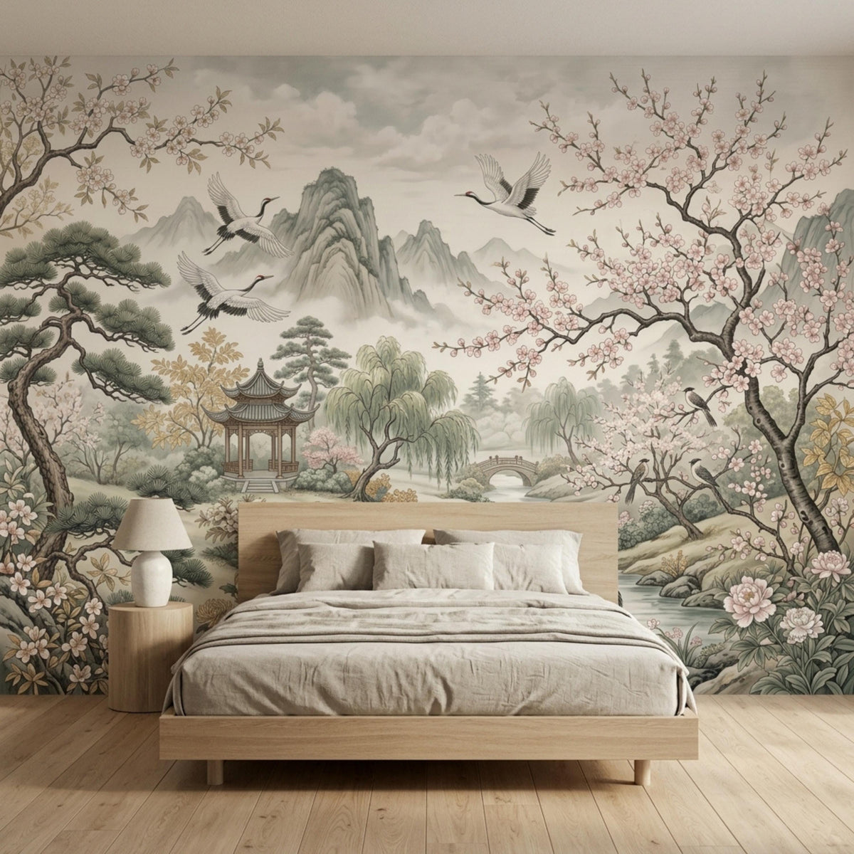 A bedroom features a wall mural depicting a traditional landscape with mountains, cherry blossom trees, and flying cranes behind a wooden bed.