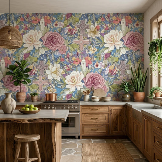 A kitchen with wooden cabinets, a central island, and various plants against a floral and cross patterned wallpaper accent wall.