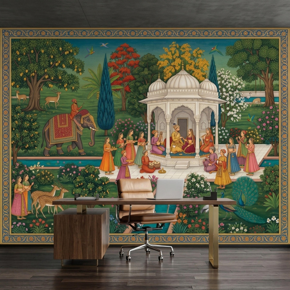 An Indian Mughal miniature art wall mural is displayed on a wall behind a modern wooden desk and a rolling office chair in a room with hardwood flooring.
