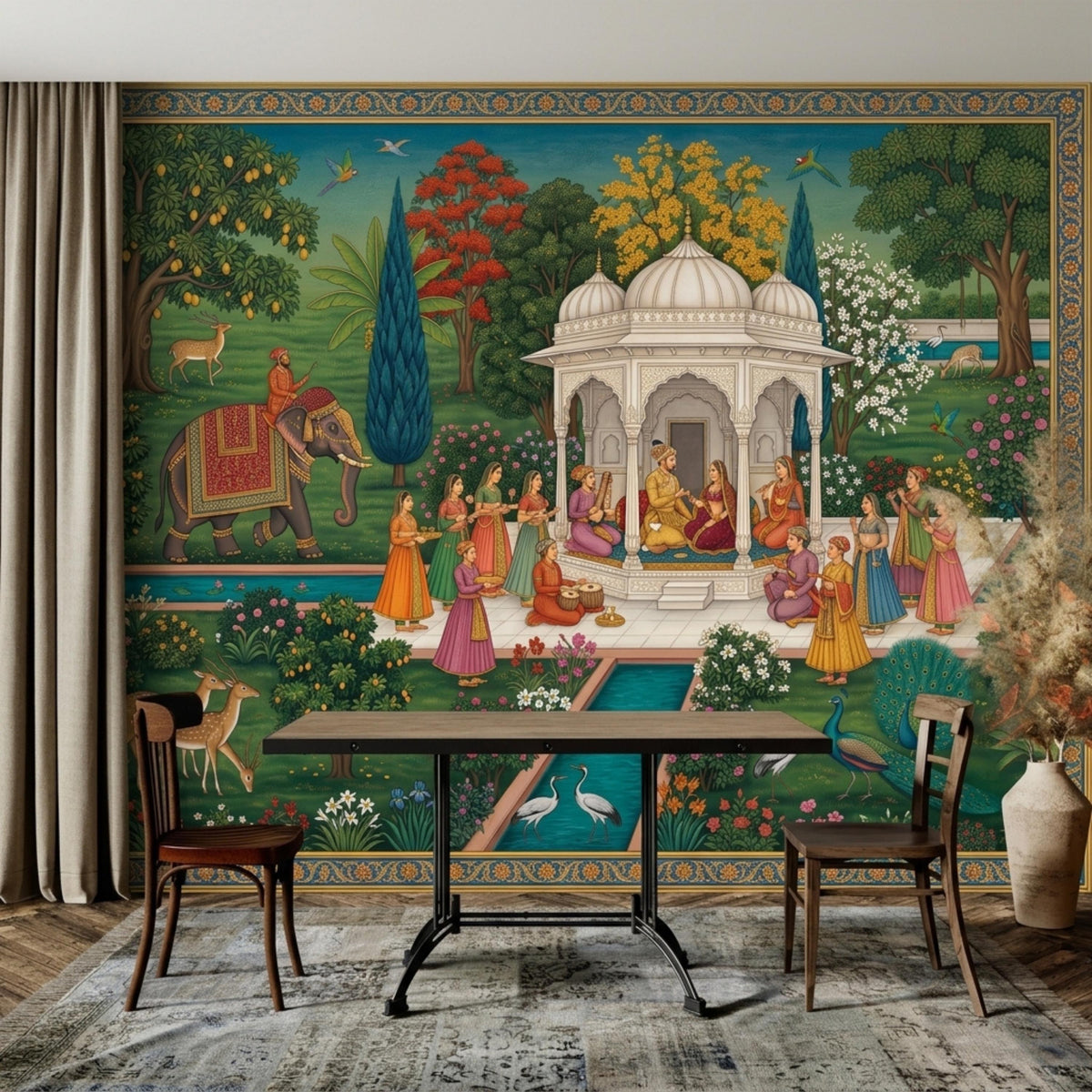 An Indian Mughal miniature art wall mural is framed by a patterned border, with a dining table, chairs, and curtains visible in the foreground.