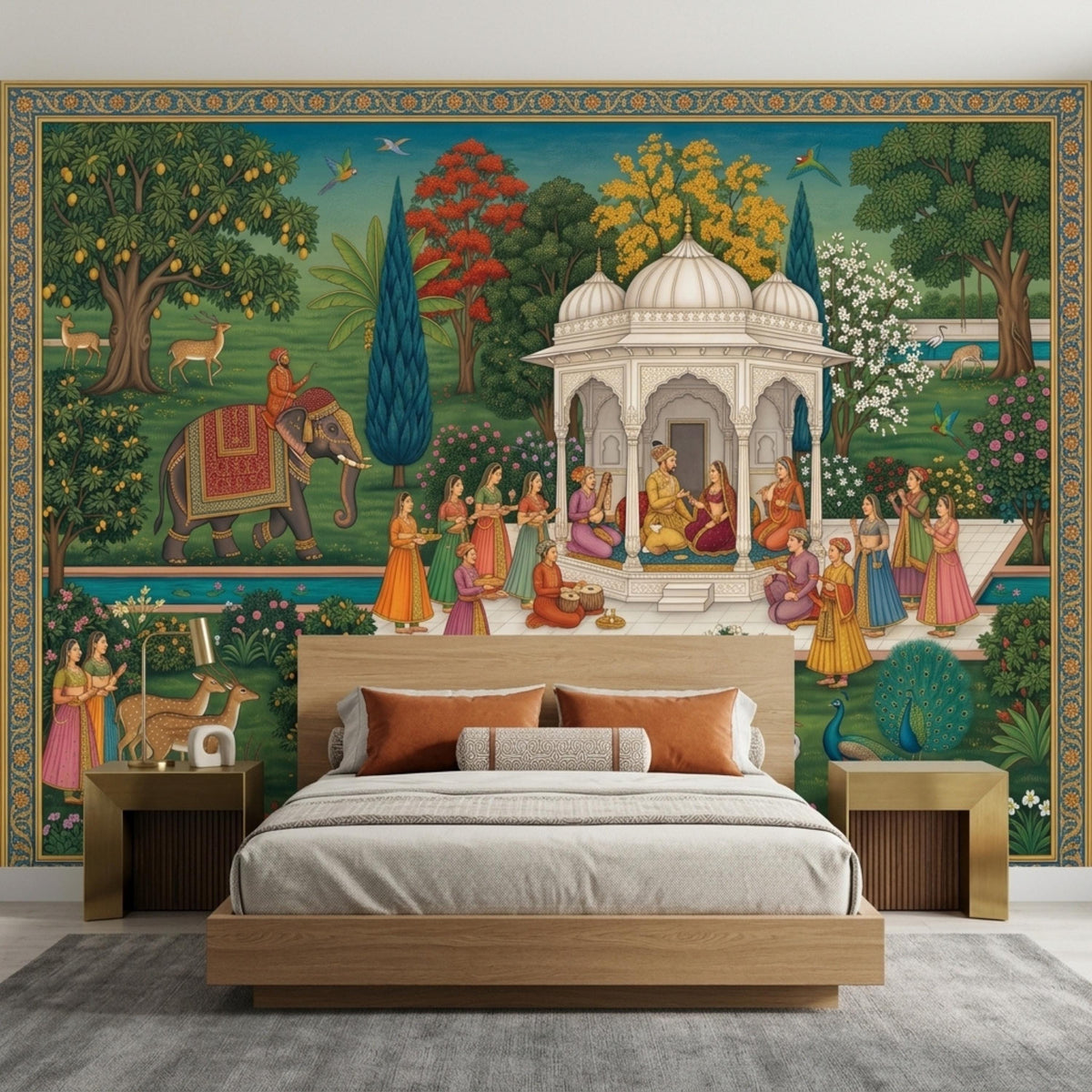An Indian Mughal miniature art wall mural is mounted behind a wooden platform bed with orange pillows and matching nightstands.