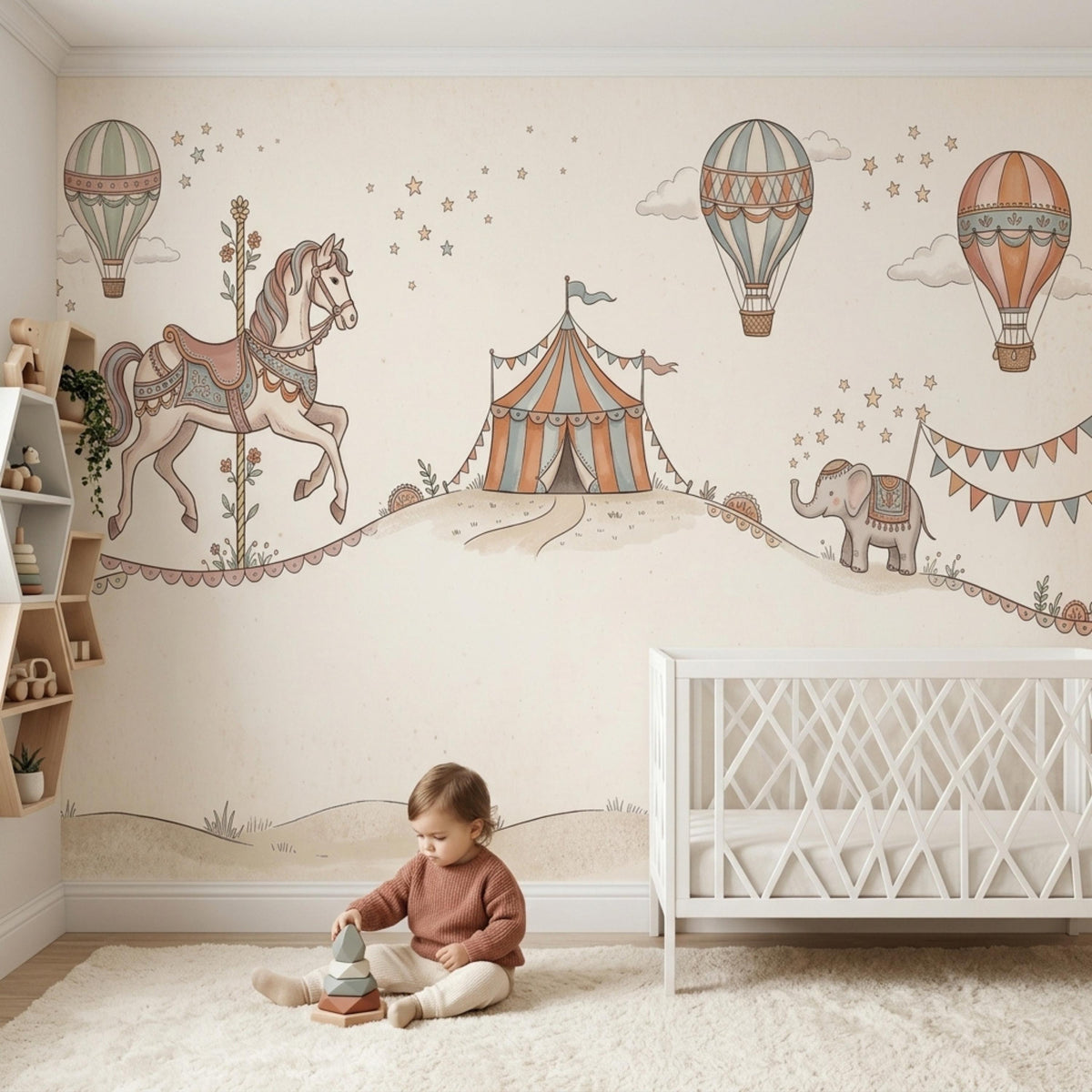 A child sits on a cream rug in a nursery with a vintage circus wall mural, white crib, and floating shelves.